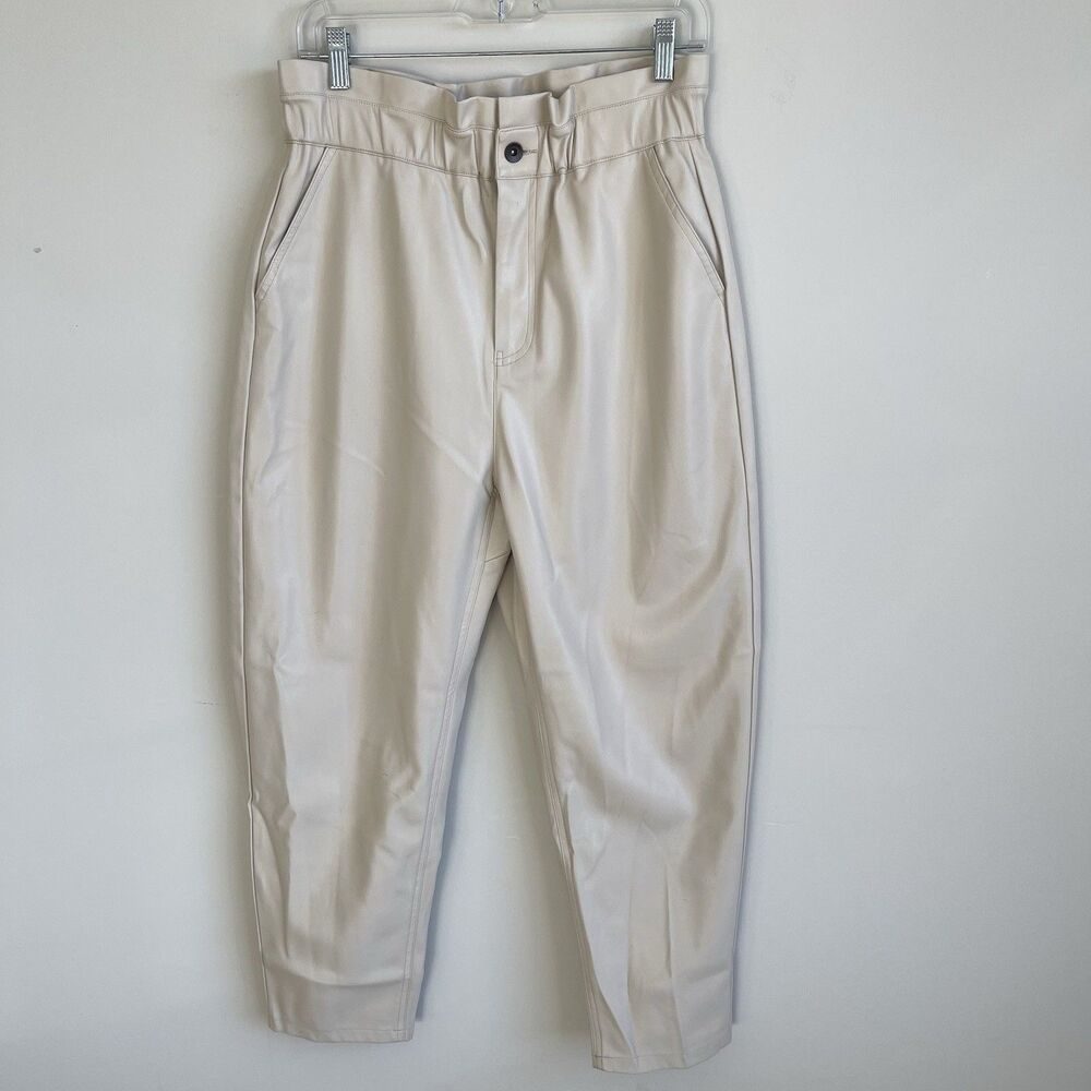 Zara Cream Balloon Leg Baggy Faux Leather Pants 8 Paperbag Waist Preppy Party